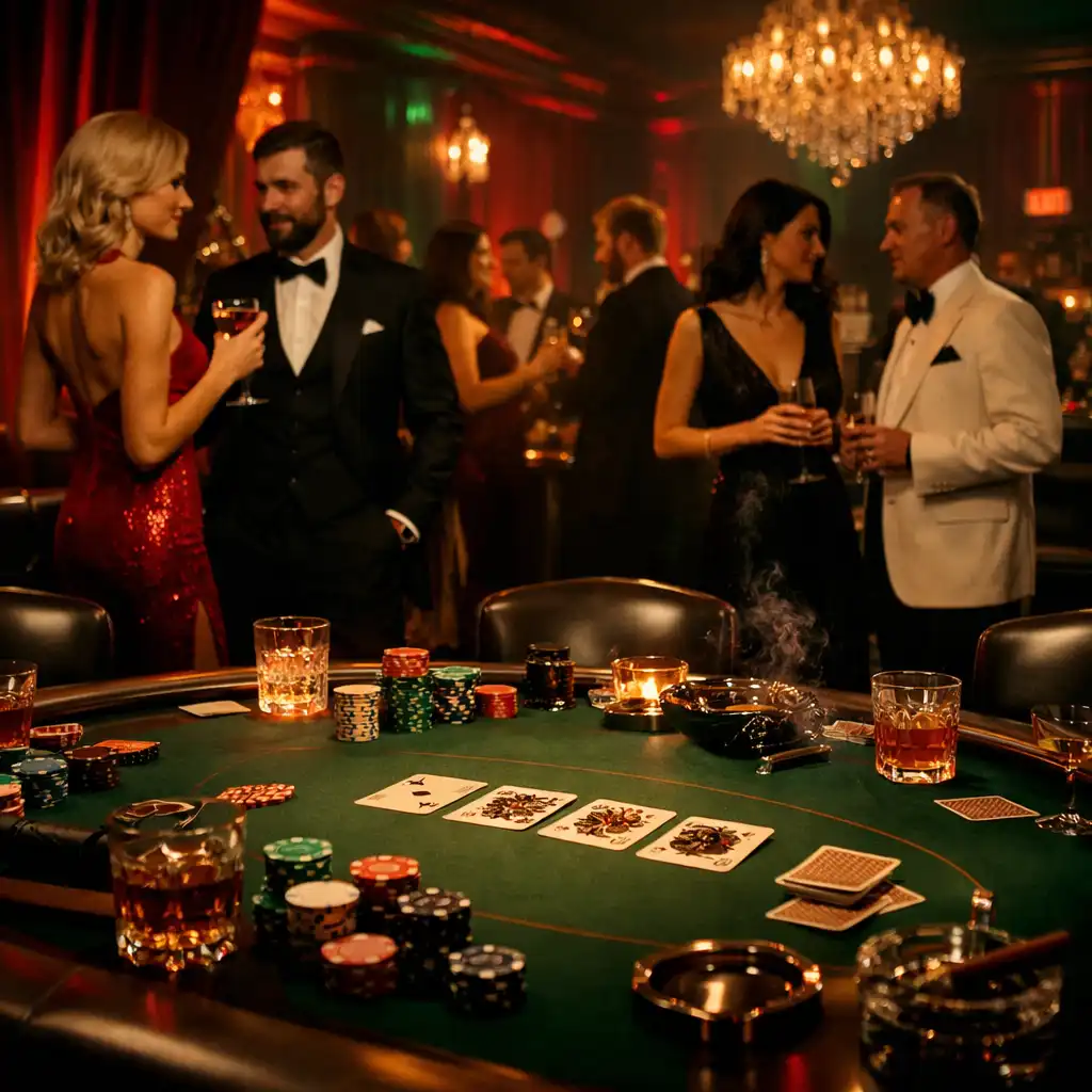 Luxusní pokerový večírek Zdrojnika s temně červeným a zeleným nasvícením
