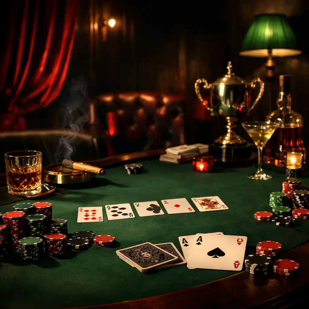 Luxusní pokerový večer Zdrojnika s kartami, žetony a hosty u tematického stolu