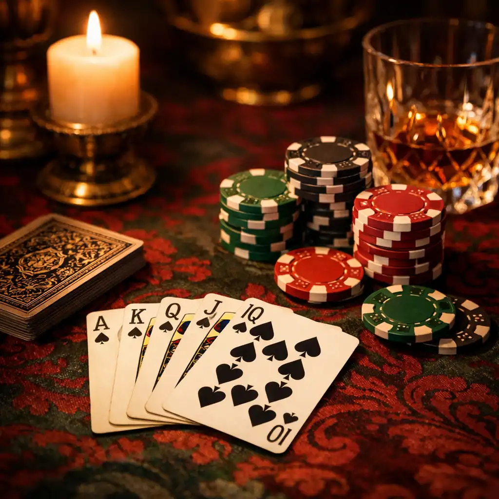 Detail luxusní dekorace pokerového stolu s kartami, žetony a ambientním osvětlením na tematickém večeru Zdrojnika