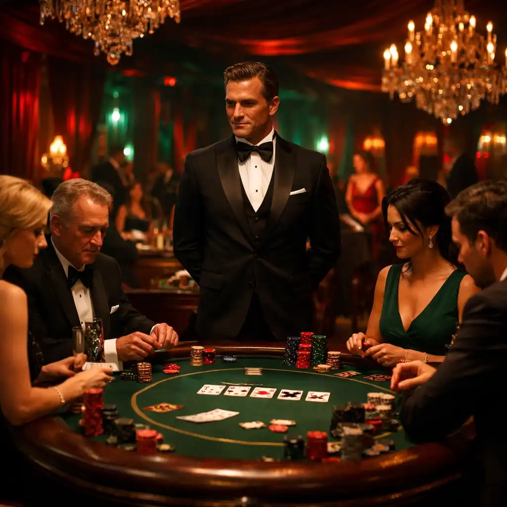 Luxusní tematický večer Zdrojnika s pokerovým stolem, kartami a žetony v tlumeném světle