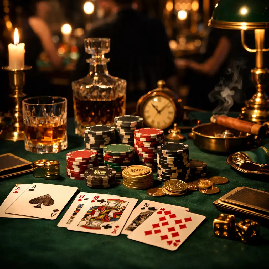 Tematicky nasvícený pokerový stůl Zdrojnika připravený na společenský večer
