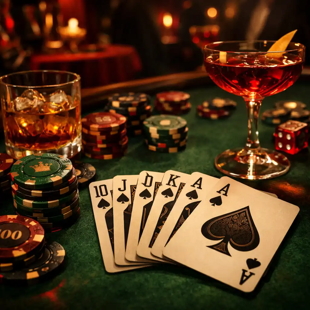 Detail tematického pokerového stolu se žetony a kartami