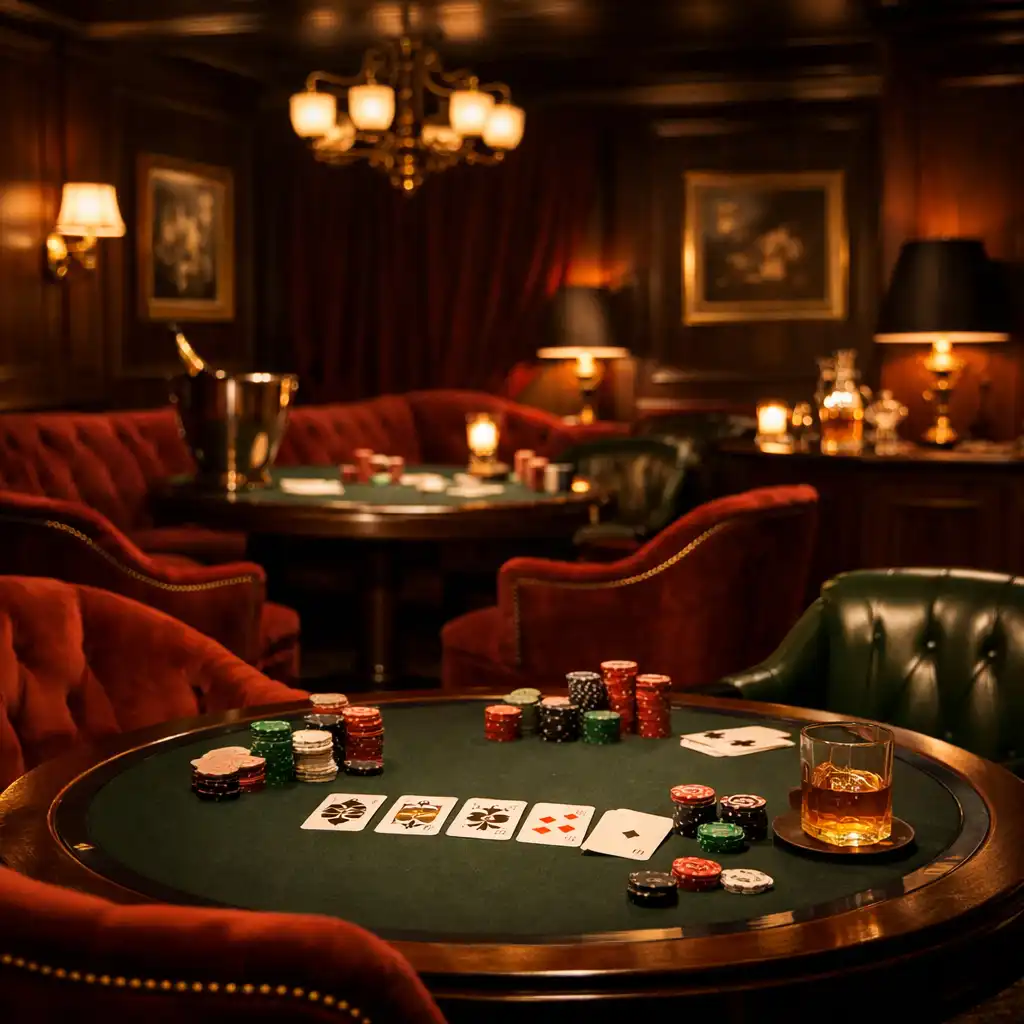 Privátní VIP salónek Zdrojnika s tlumeným světlem a elegantním pokerovým stolem